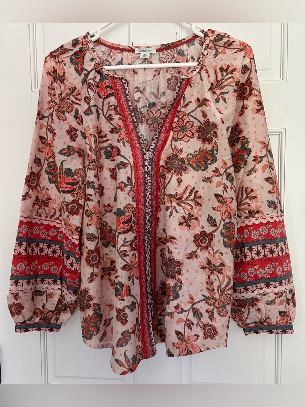 Sundance Pink Floral Peasant Blouse with Red Trim. Lightweight tunic.